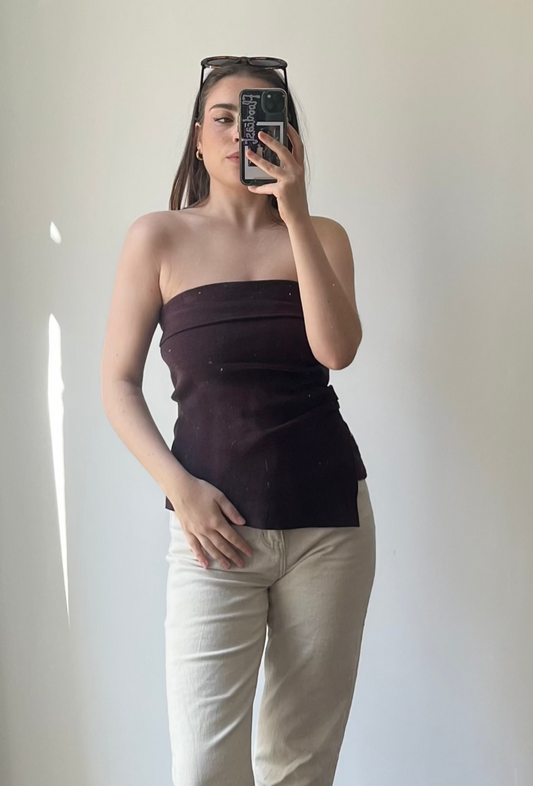 Bustier en maille chocolat fabriqué en France avec coupe asymétrique