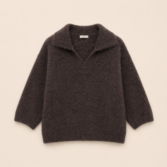 Pull femme mohair col polo chocolat – Manches 3/4, fabriqué en Italie