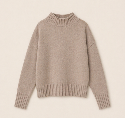 Pull femme col montant taupe – coton, laine et cachemire, fabrication italienne