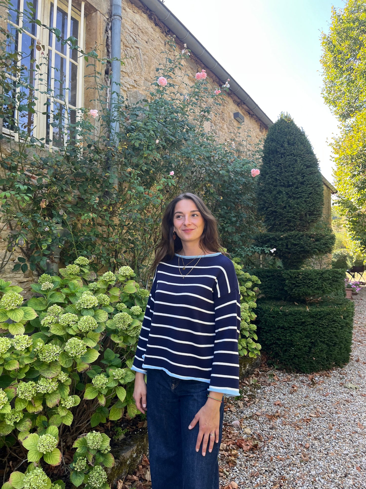 Pull bleu marine rayé blanc – 100% coton – Fabriqué en Italie