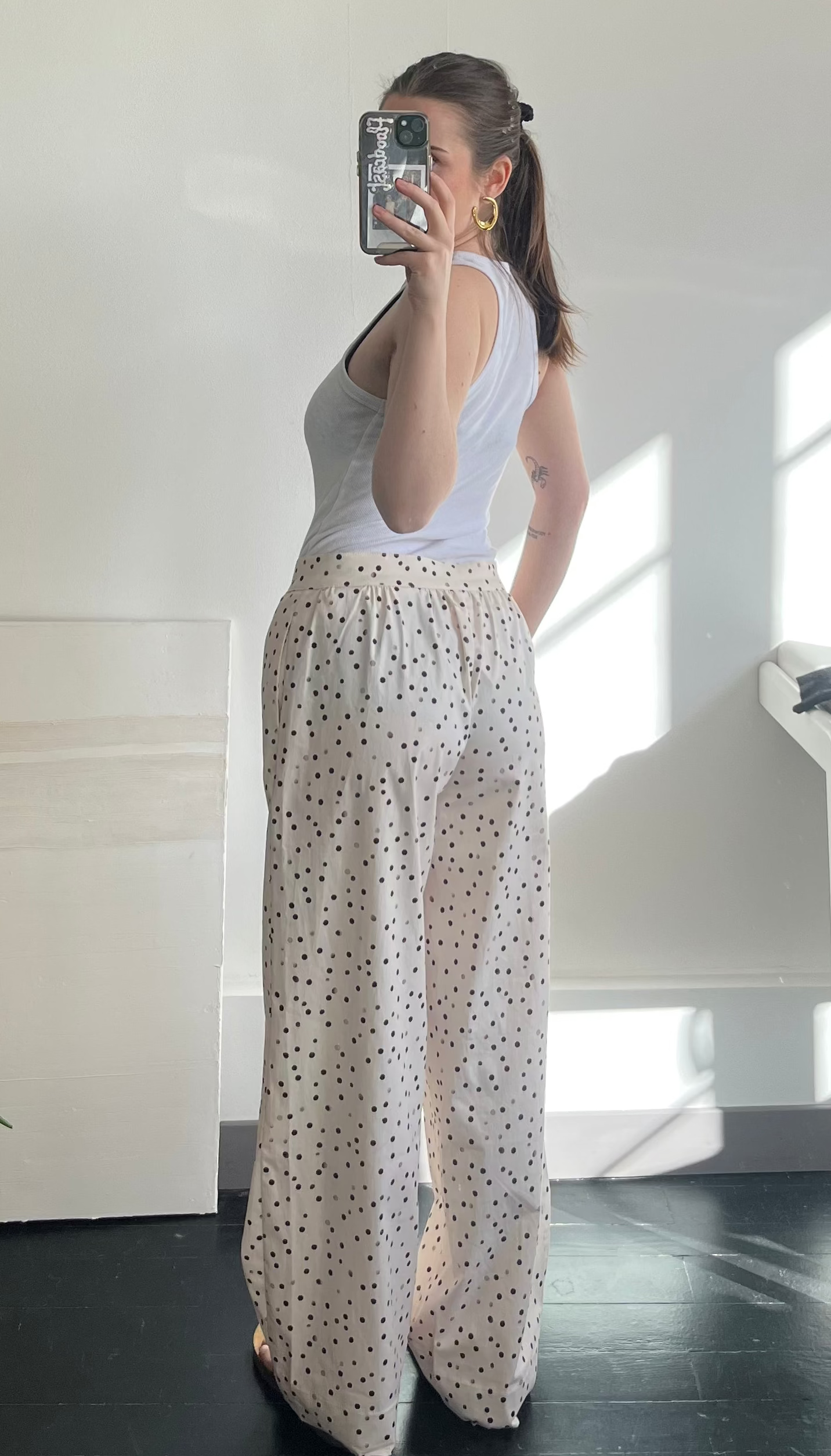 Pantalon femme à pois marron fond crème – coton BCI fabriqué en Espagne – Rouge Garance