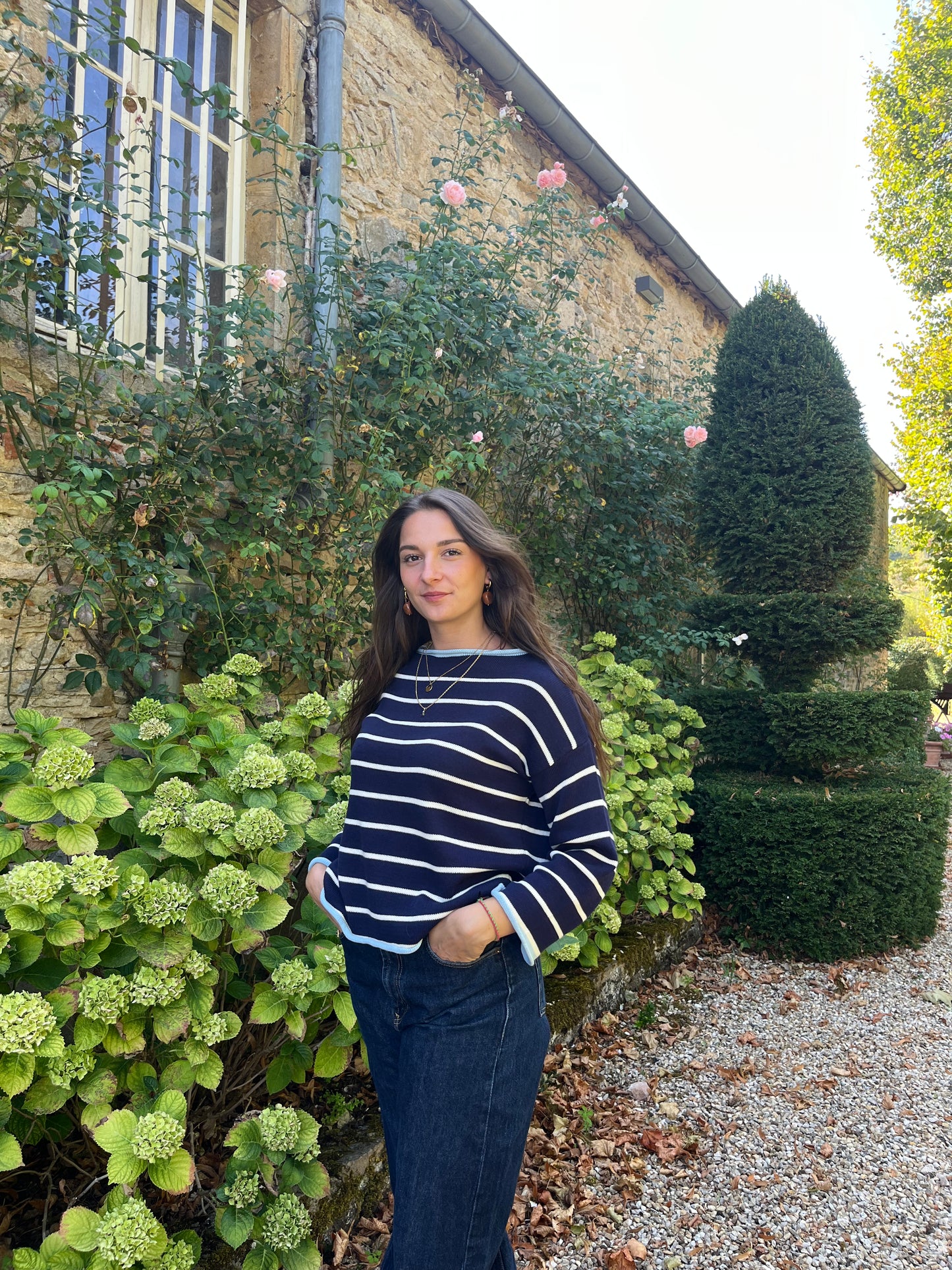 Pull bleu marine rayé blanc – 100% coton – Fabriqué en Italie