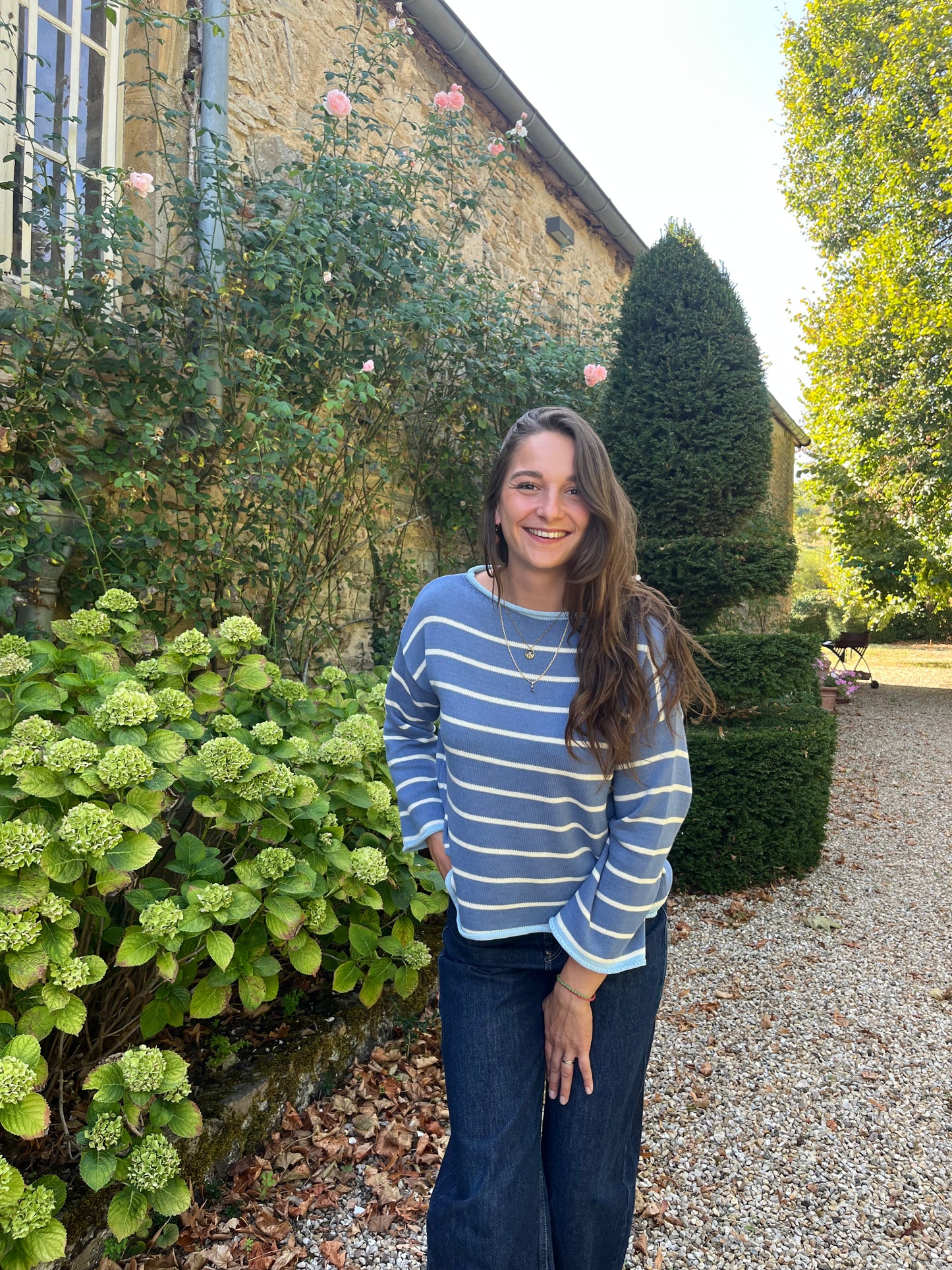 Pull bleu rayé blanc – 100% coton – Fabriqué en Italie