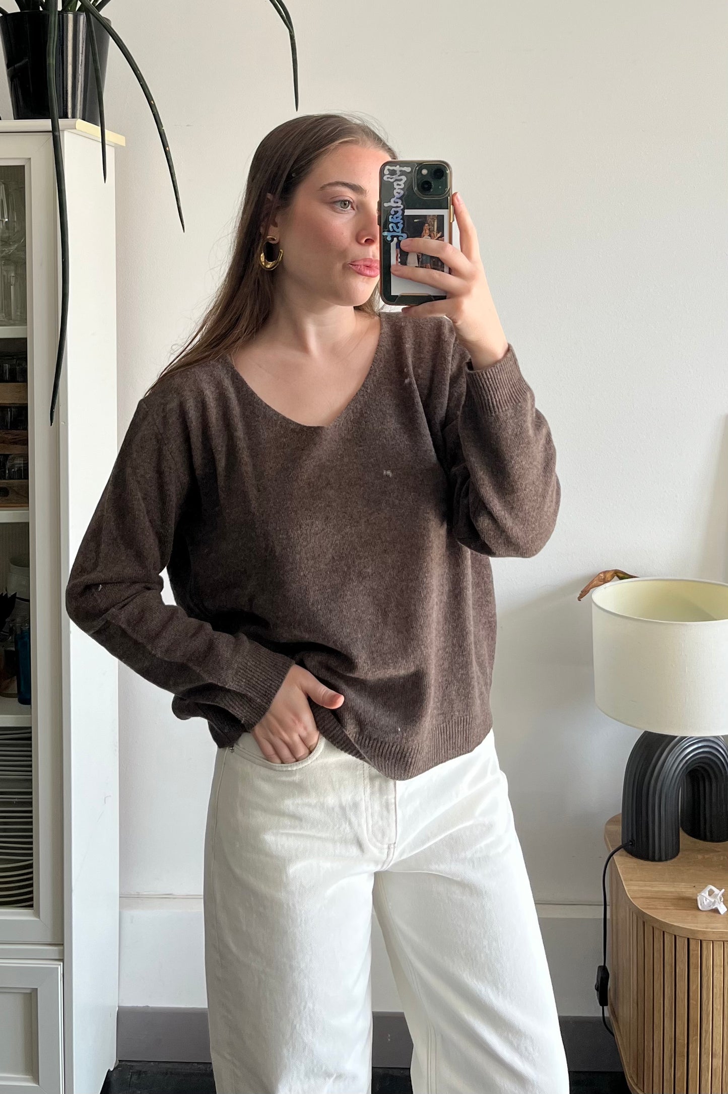 Pull col V marron – 100% laine – Fabriqué en Italie
