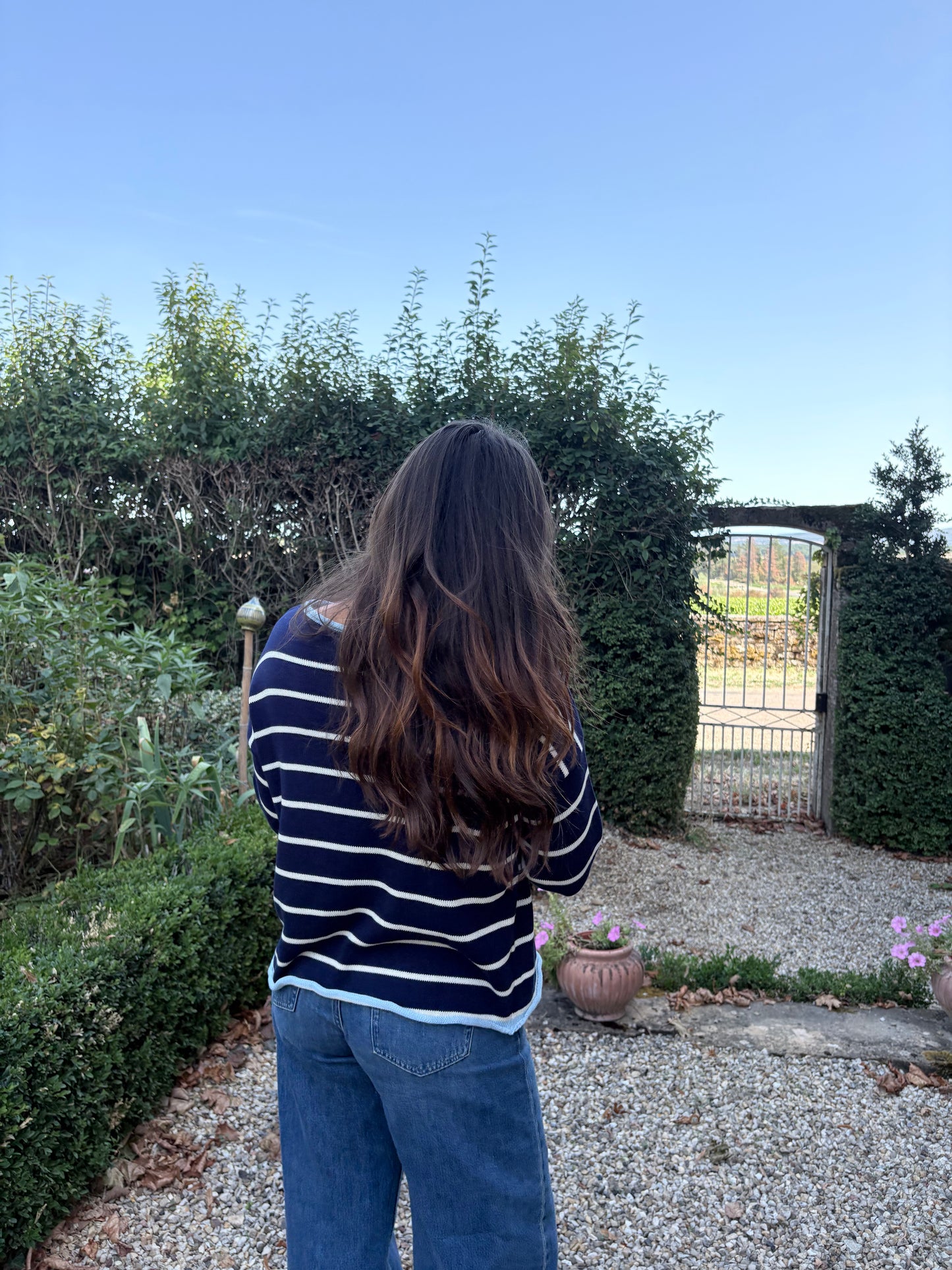 Pull bleu marine rayé blanc – 100% coton – Fabriqué en Italie