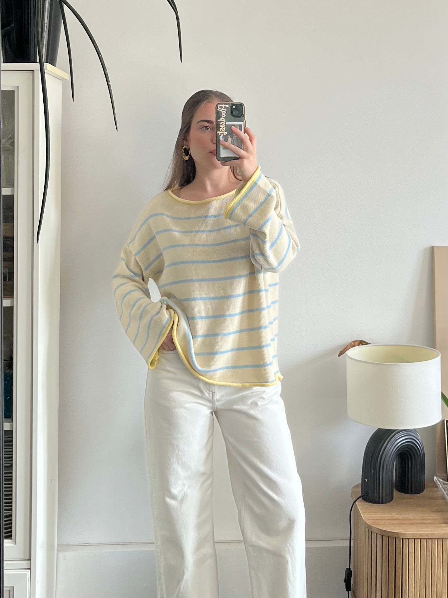 Pull écru rayures bleues – 100% coton – Fabriqué en Italie