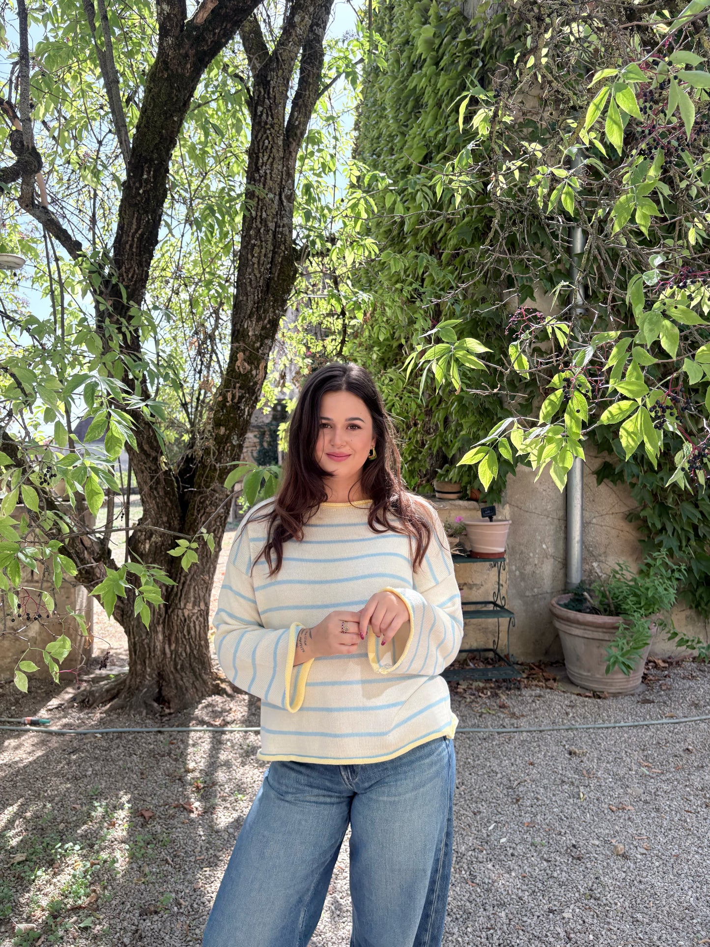 Pull écru rayures bleues – 100% coton – Fabriqué en Italie