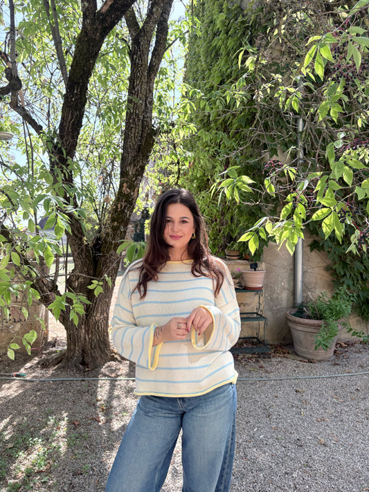 Pull écru rayures bleues – 100% coton – Fabriqué en Italie