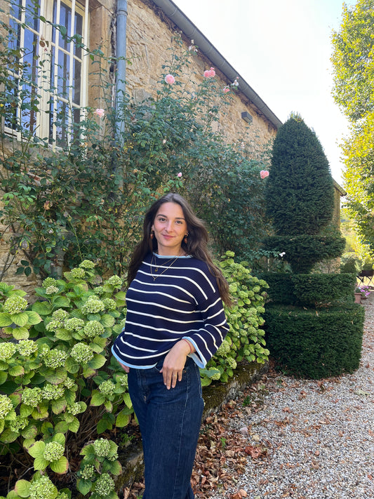Pull bleu marine rayé blanc – 100% coton – Fabriqué en Italie