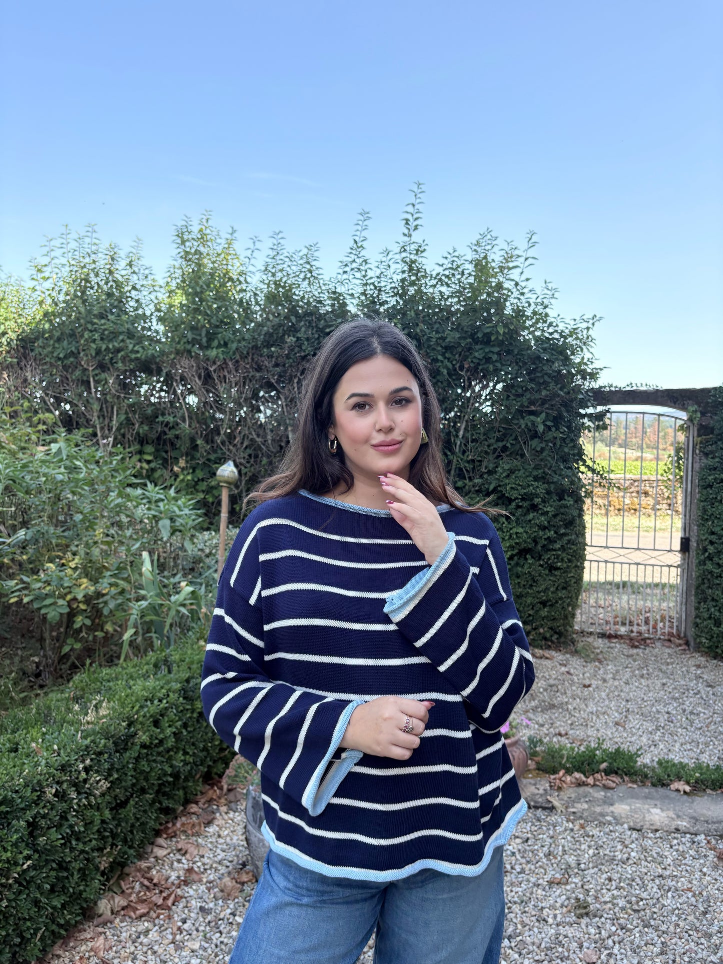 Pull bleu marine rayé blanc – 100% coton – Fabriqué en Italie