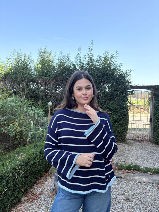 Pull bleu marine rayé blanc – 100% coton – Fabriqué en Italie
