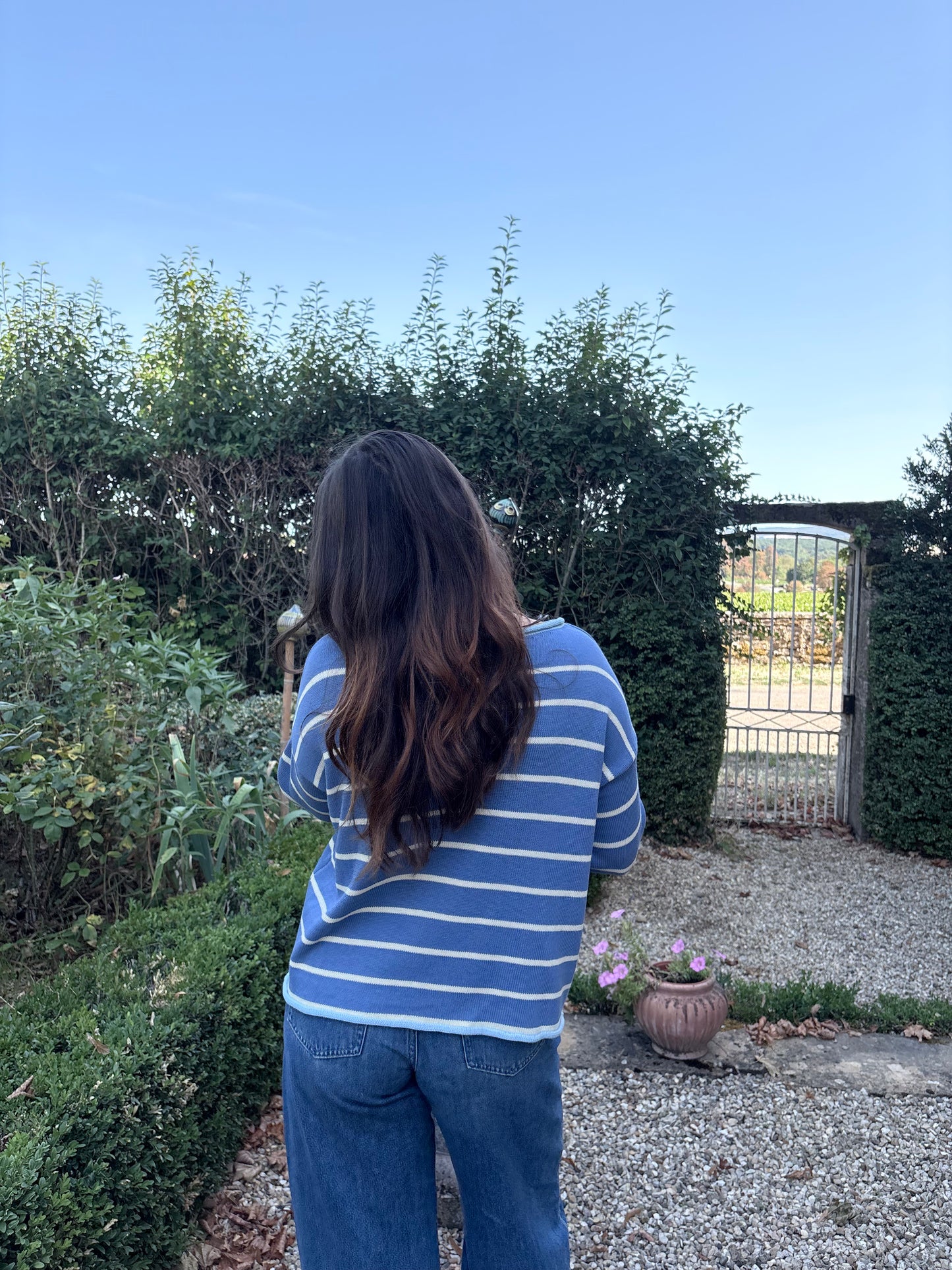 Pull bleu rayé blanc – 100% coton – Fabriqué en Italie