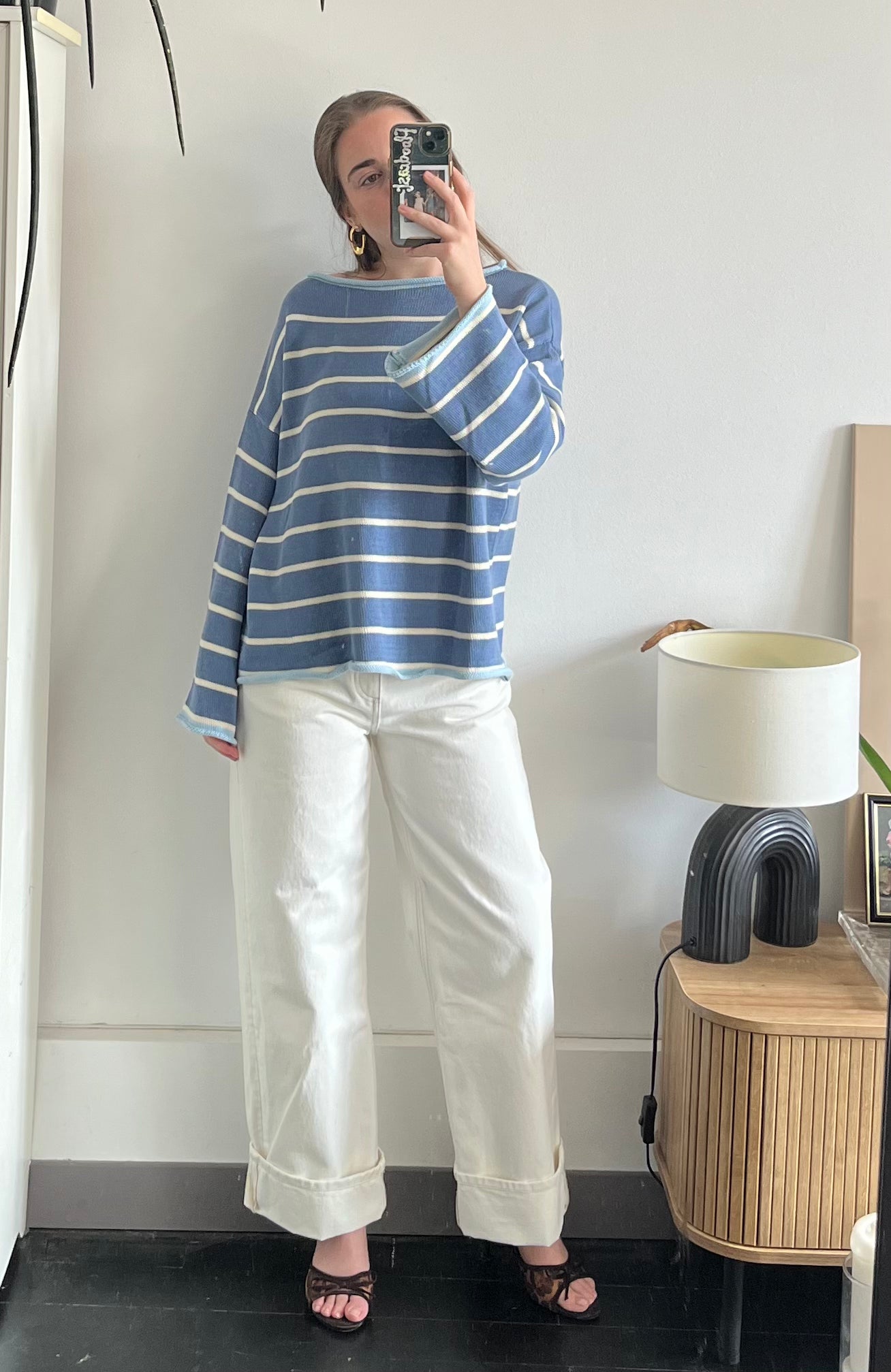 Pull bleu rayé blanc – 100% coton – Fabriqué en Italie