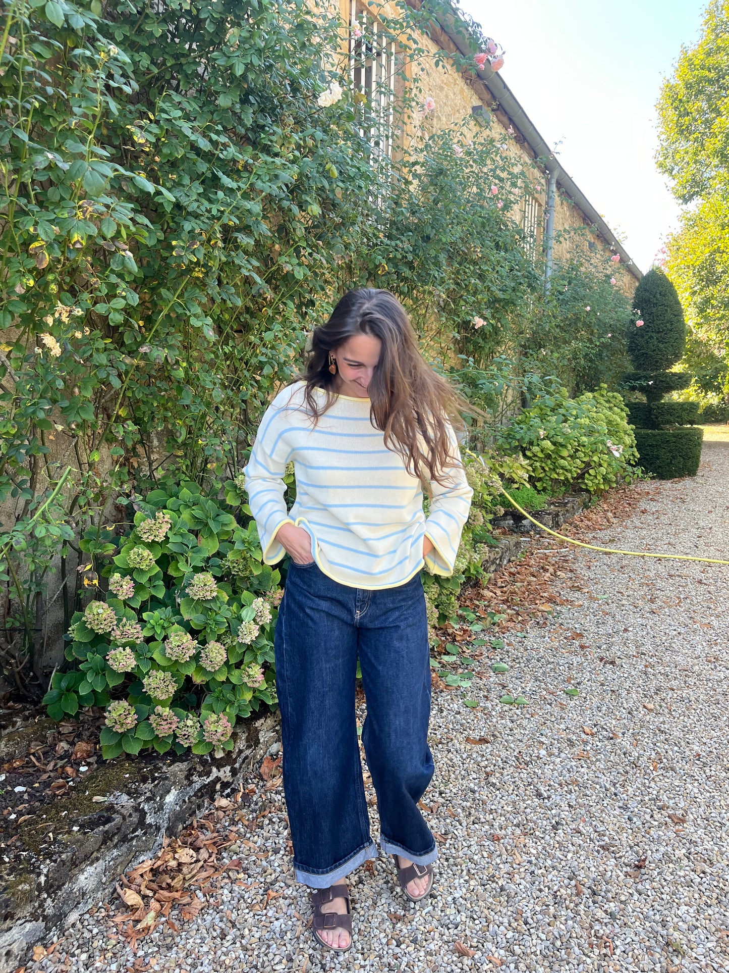 Pull écru rayures bleues – 100% coton – Fabriqué en Italie