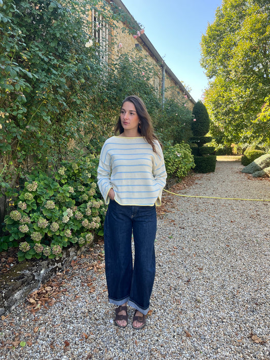Pull écru rayures bleues – 100% coton – Fabriqué en Italie