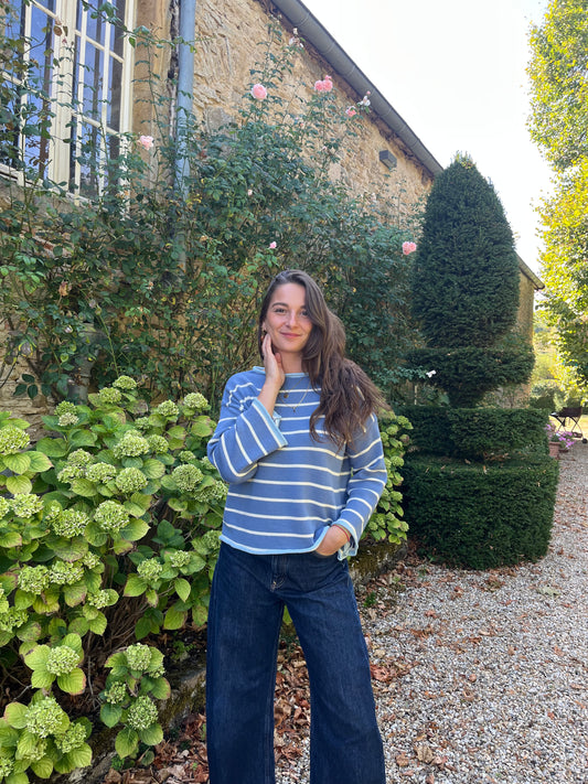 Pull bleu rayé blanc – 100% coton – Fabriqué en Italie