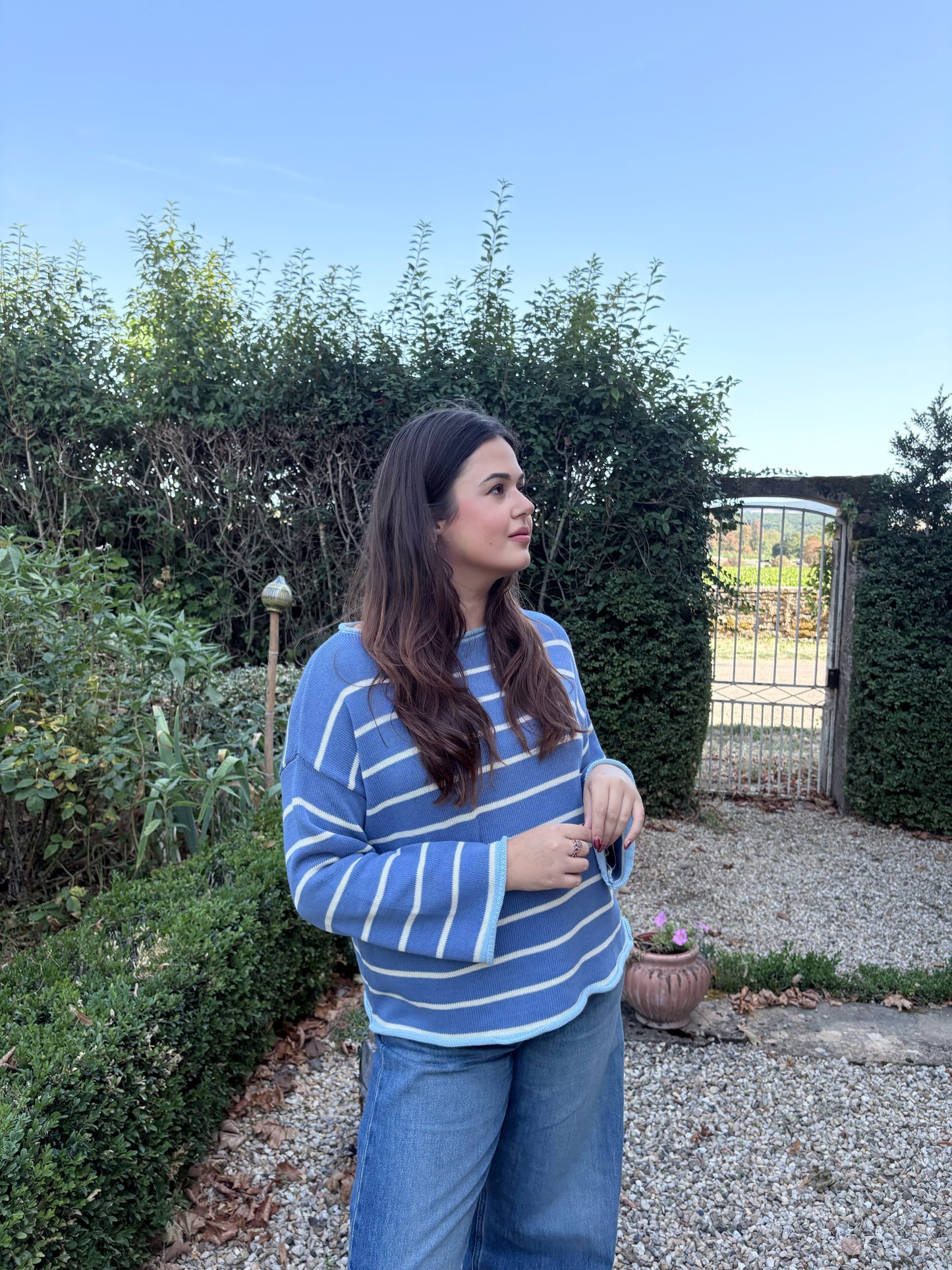 Pull bleu rayé blanc – 100% coton – Fabriqué en Italie