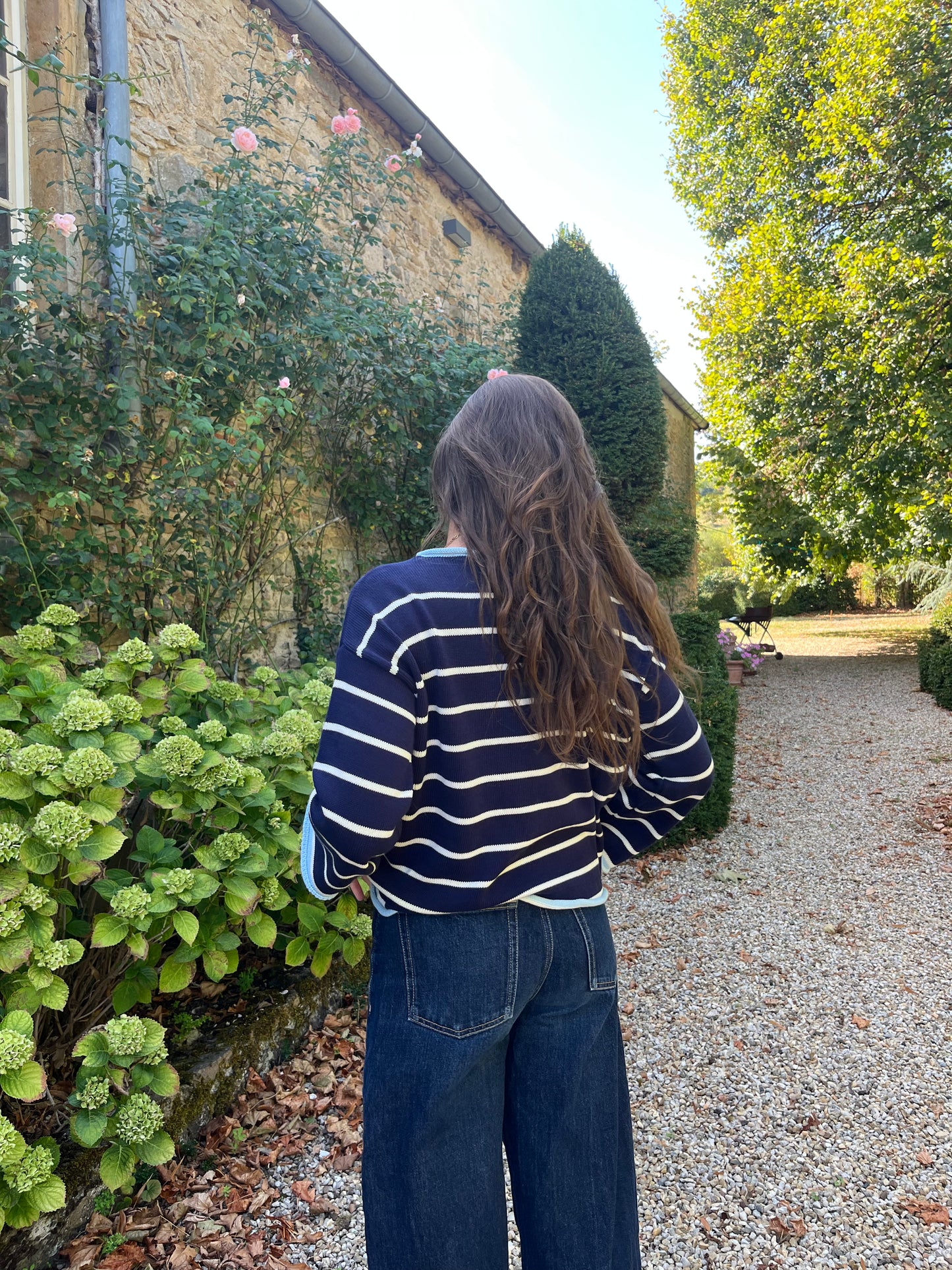 Pull bleu marine rayé blanc – 100% coton – Fabriqué en Italie