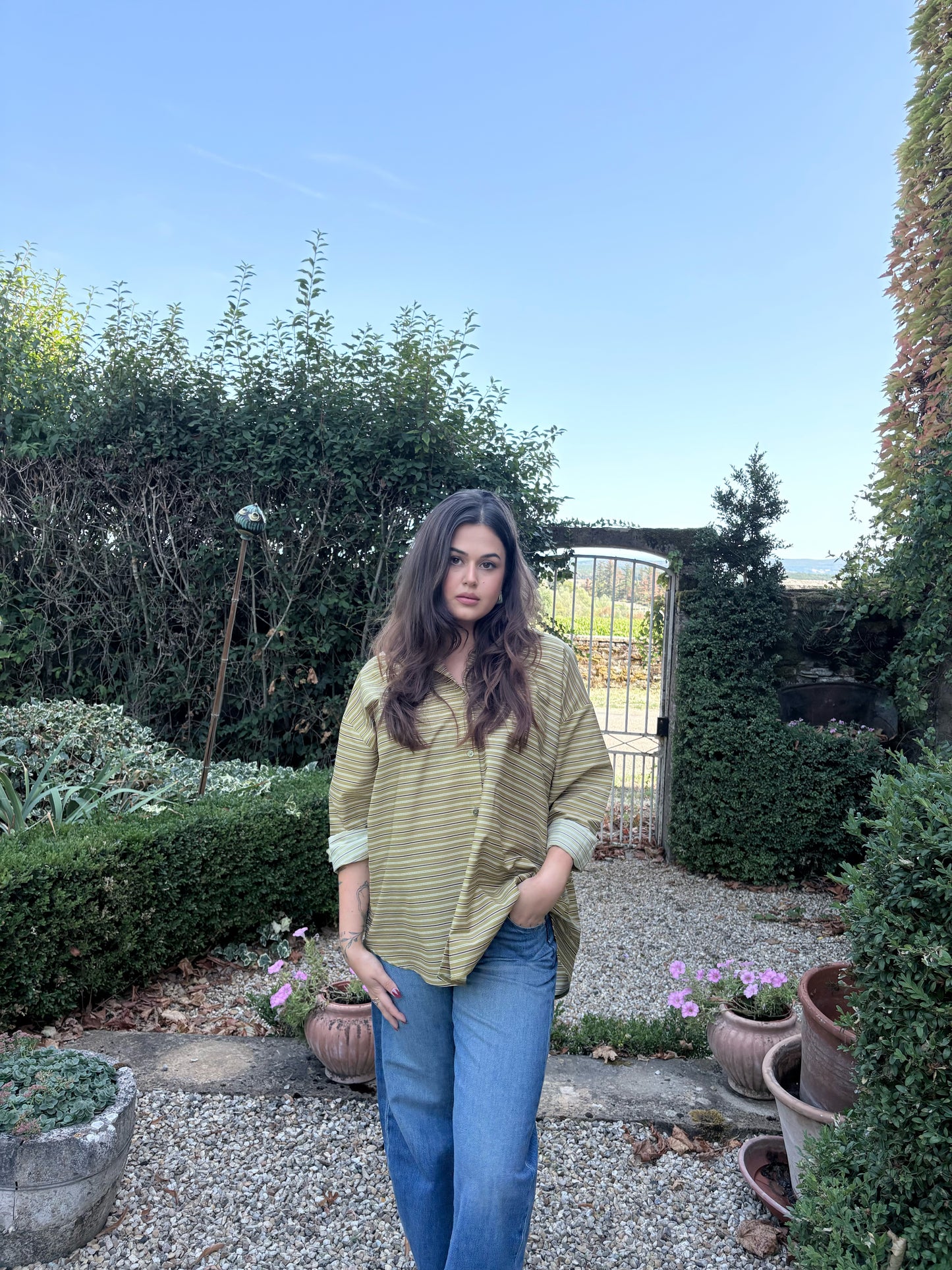 Chemise oversize rayée verte – 100% coton – Fabriquée en Italie