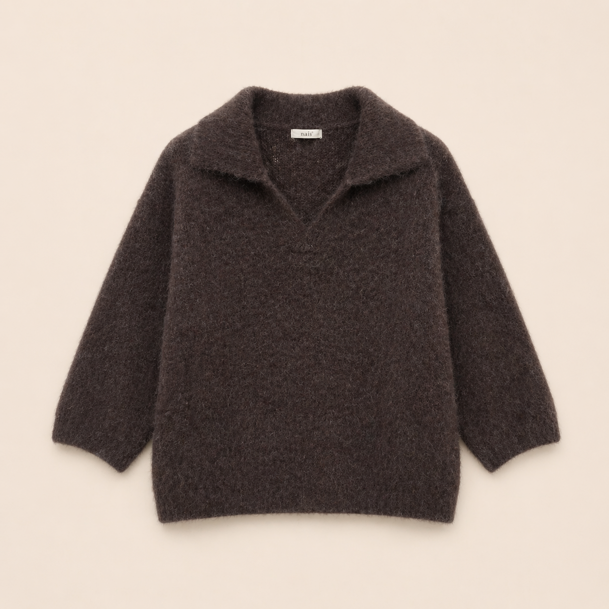 Pull femme mohair col polo chocolat – Manches 3/4, fabriqué en Italie