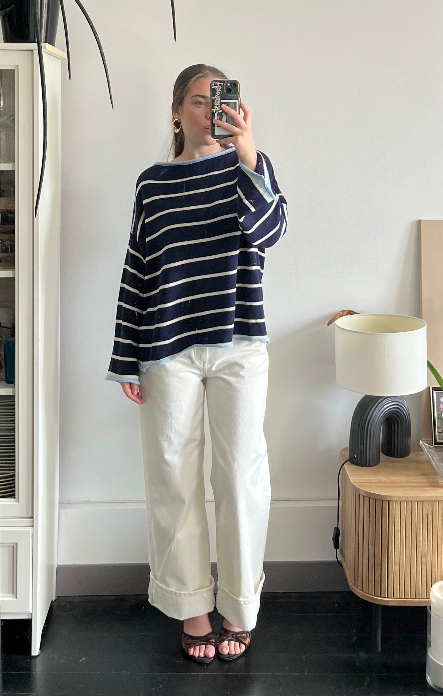Pull bleu marine rayé blanc – 100% coton – Fabriqué en Italie