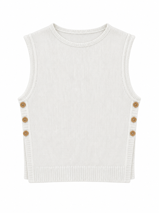 Tricot blanc, boutons en bois – 100% coton