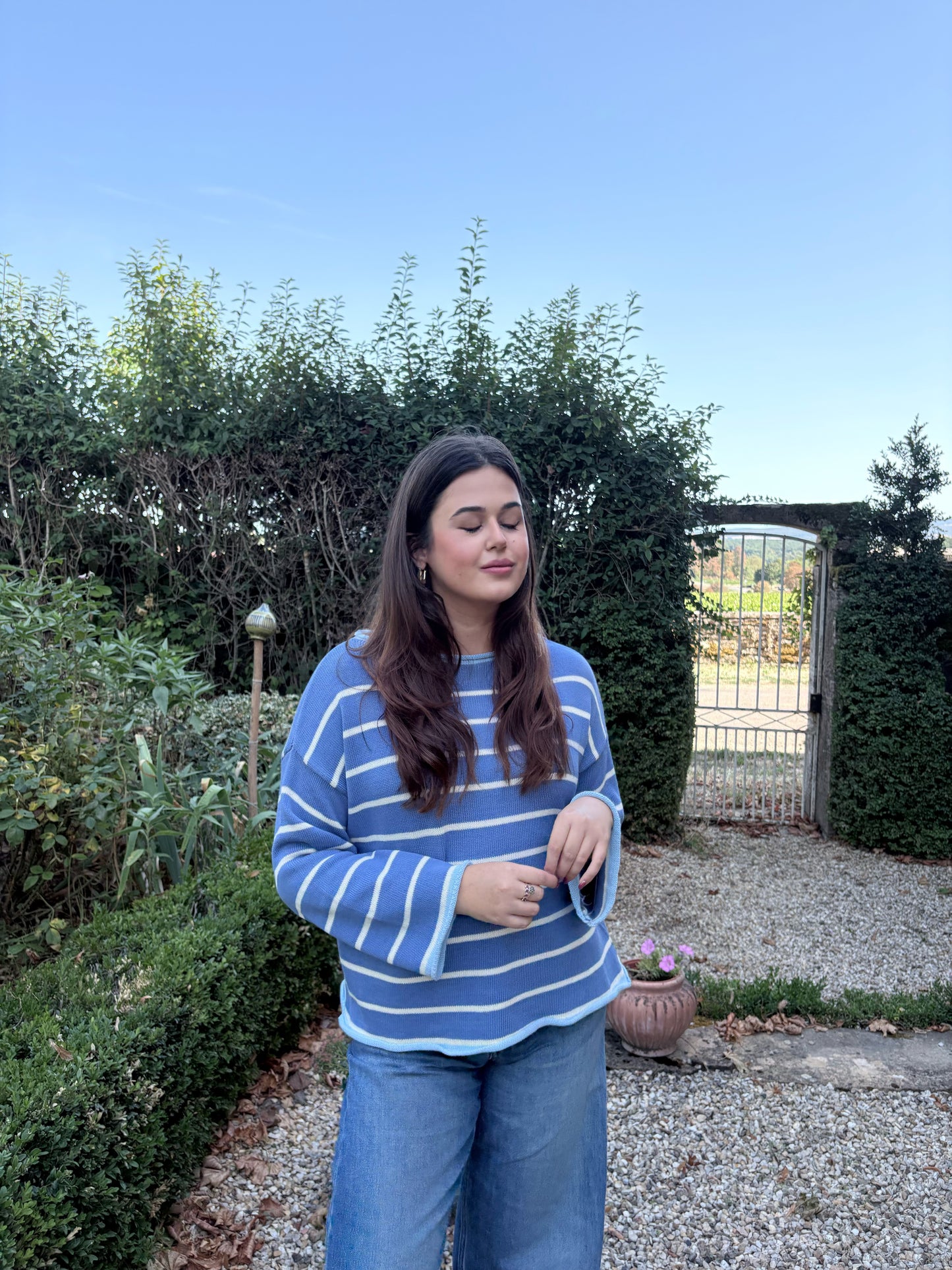 Pull bleu rayé blanc – 100% coton – Fabriqué en Italie