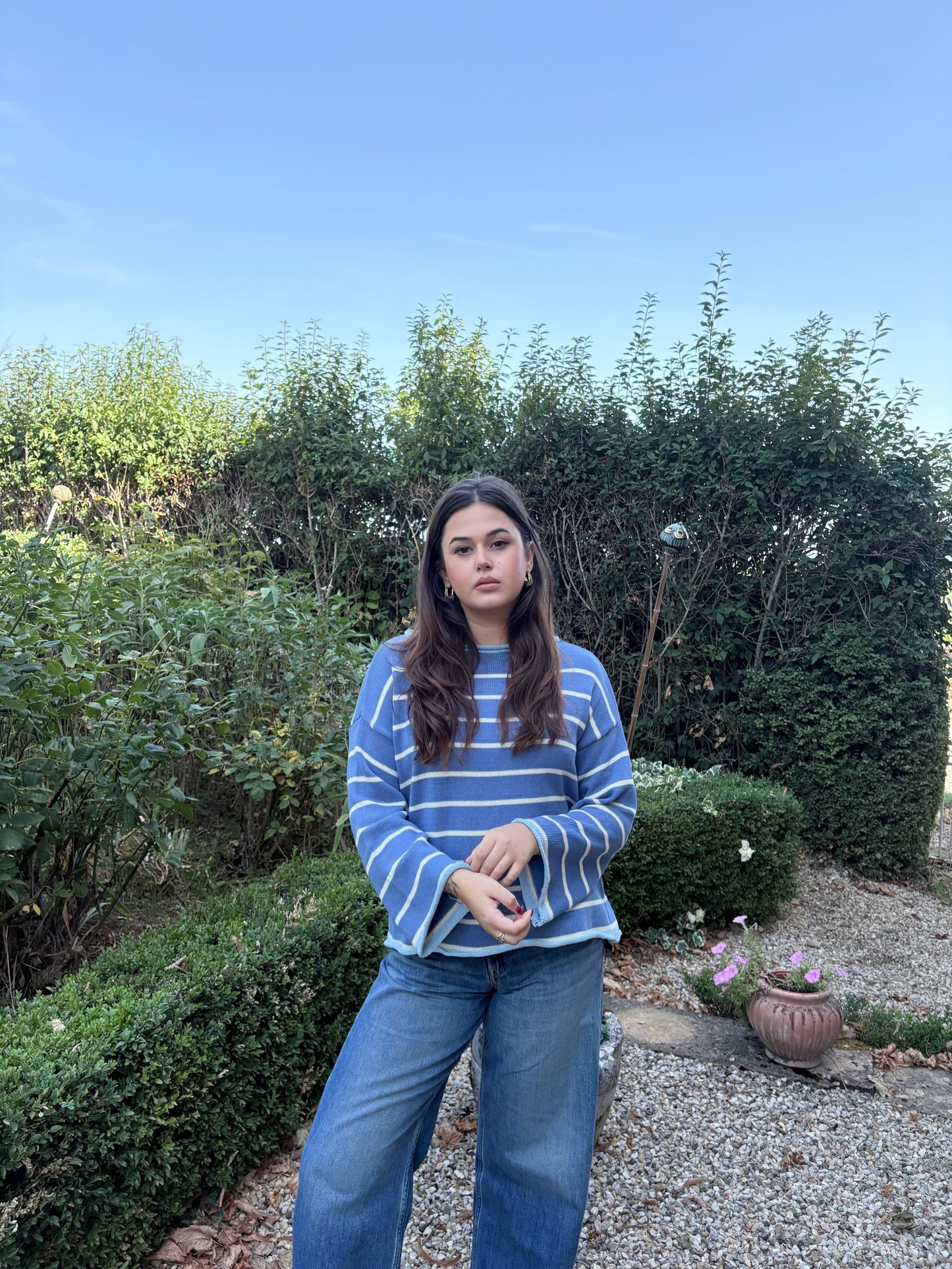 Pull bleu rayé blanc – 100% coton – Fabriqué en Italie