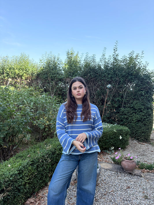 Pull bleu rayé blanc – 100% coton – Fabriqué en Italie